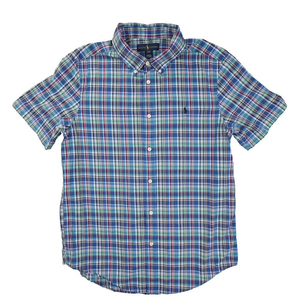 Ralph Lauren Boys XL 18-20 Blue Plaid Short Sleeve Button Up Shirt Pony Logo